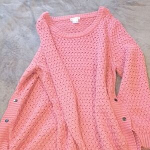 VENUS Pink Open-Knit Crew Sweater with Side Button Tabs